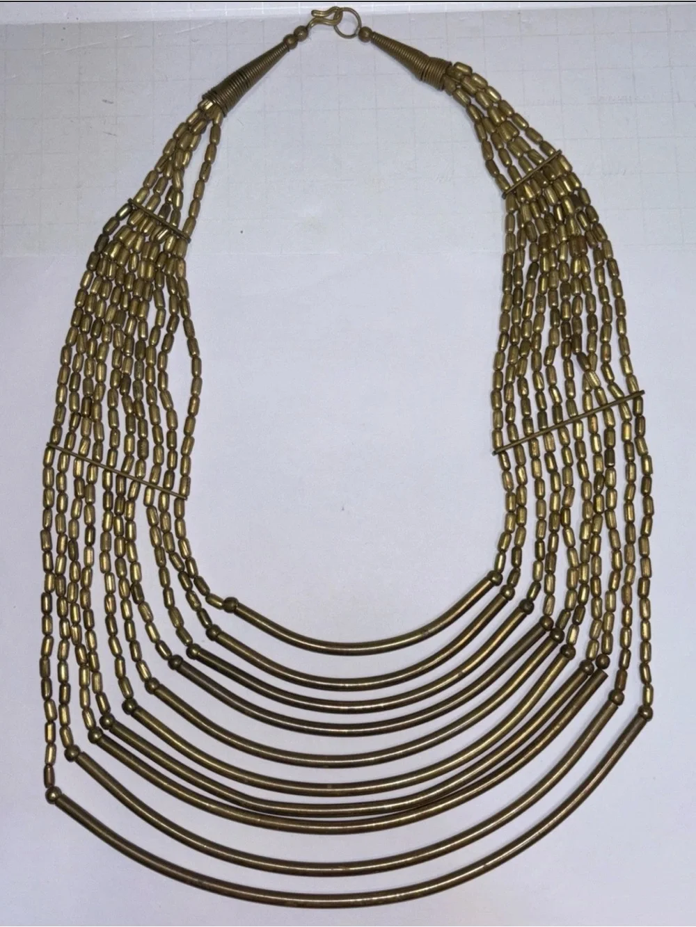 Vintage Metal Beads Curved Bars Tiered Antiqued Gold Tone Bib Statement Necklace